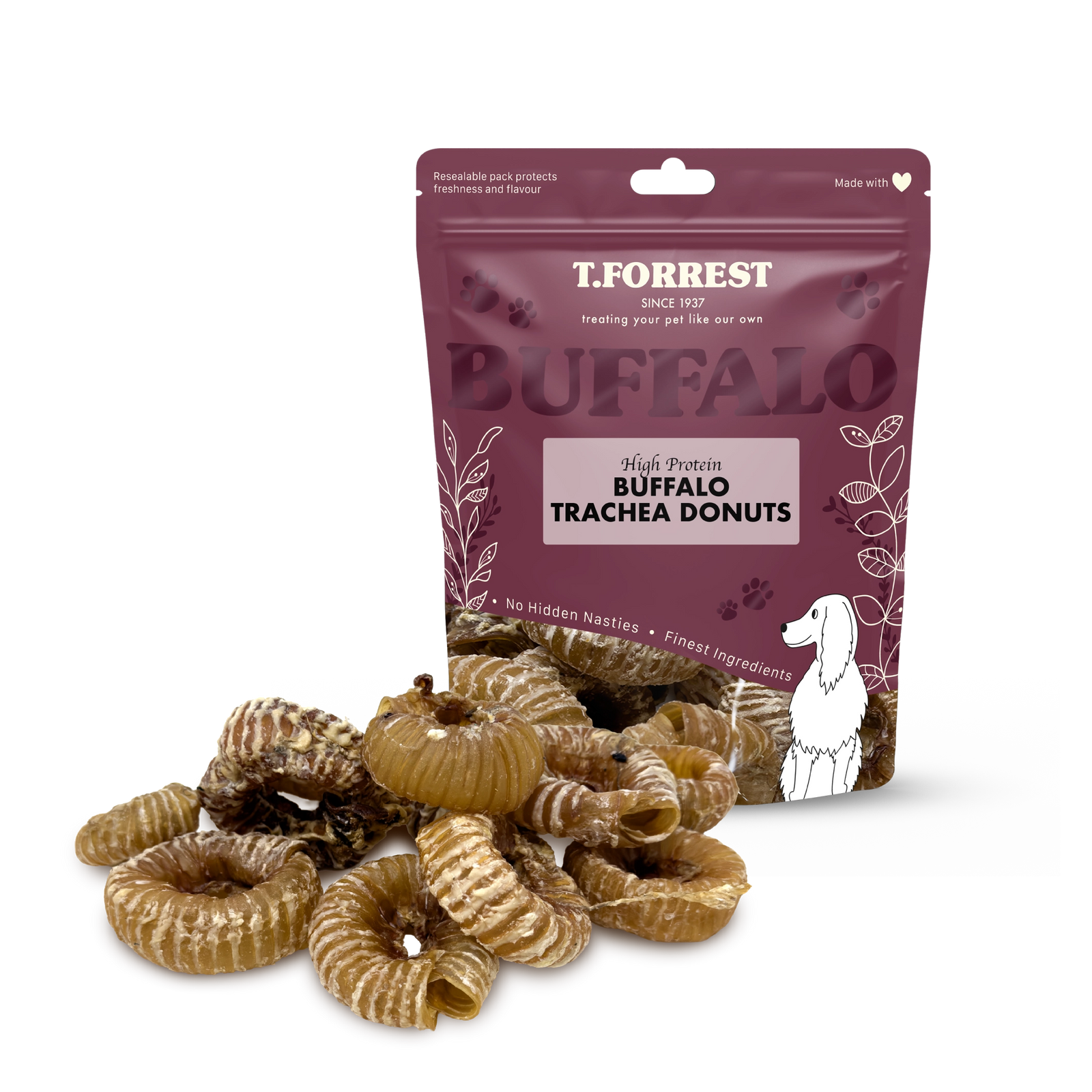 T.Forrest Buffalo Trachea Donuts packaging with donuts on a white background