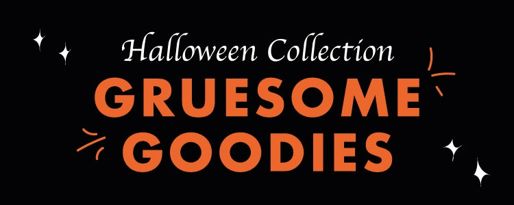 A black graphic banner with the text 'Halloween Collection' in white script and 'GRUESOME GOODIES' in large orange letters, decorated with small white stars and orange sparkle marks.