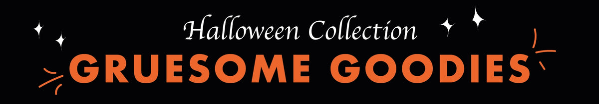 A black promotional banner with the text 'Halloween Collection' in white script and 'GRUESOME GOODIES' in large orange letters, decorated with small white stars and orange sparkles.