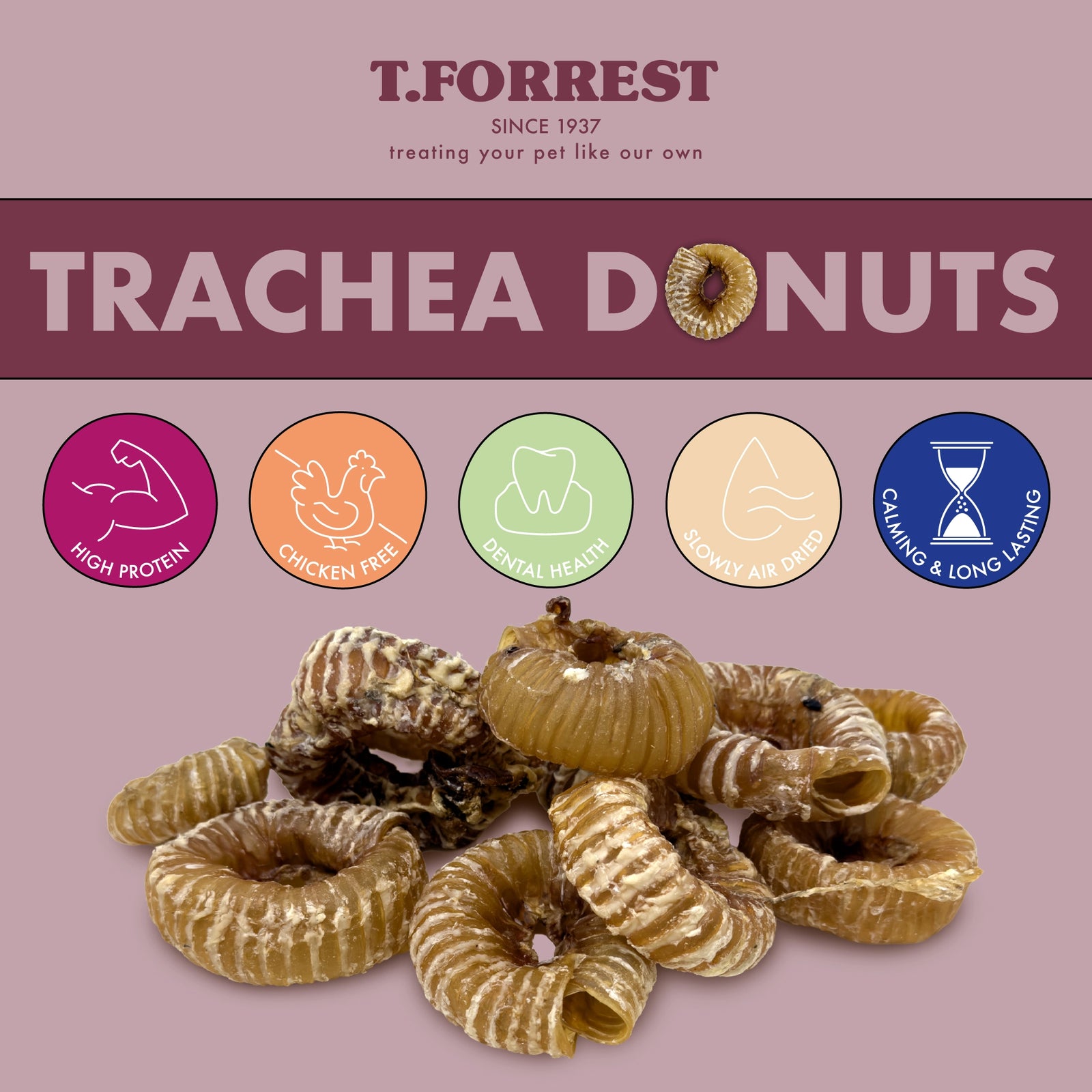 T.Forrest Trachea Donuts packaging with product and health benefits on a pink background