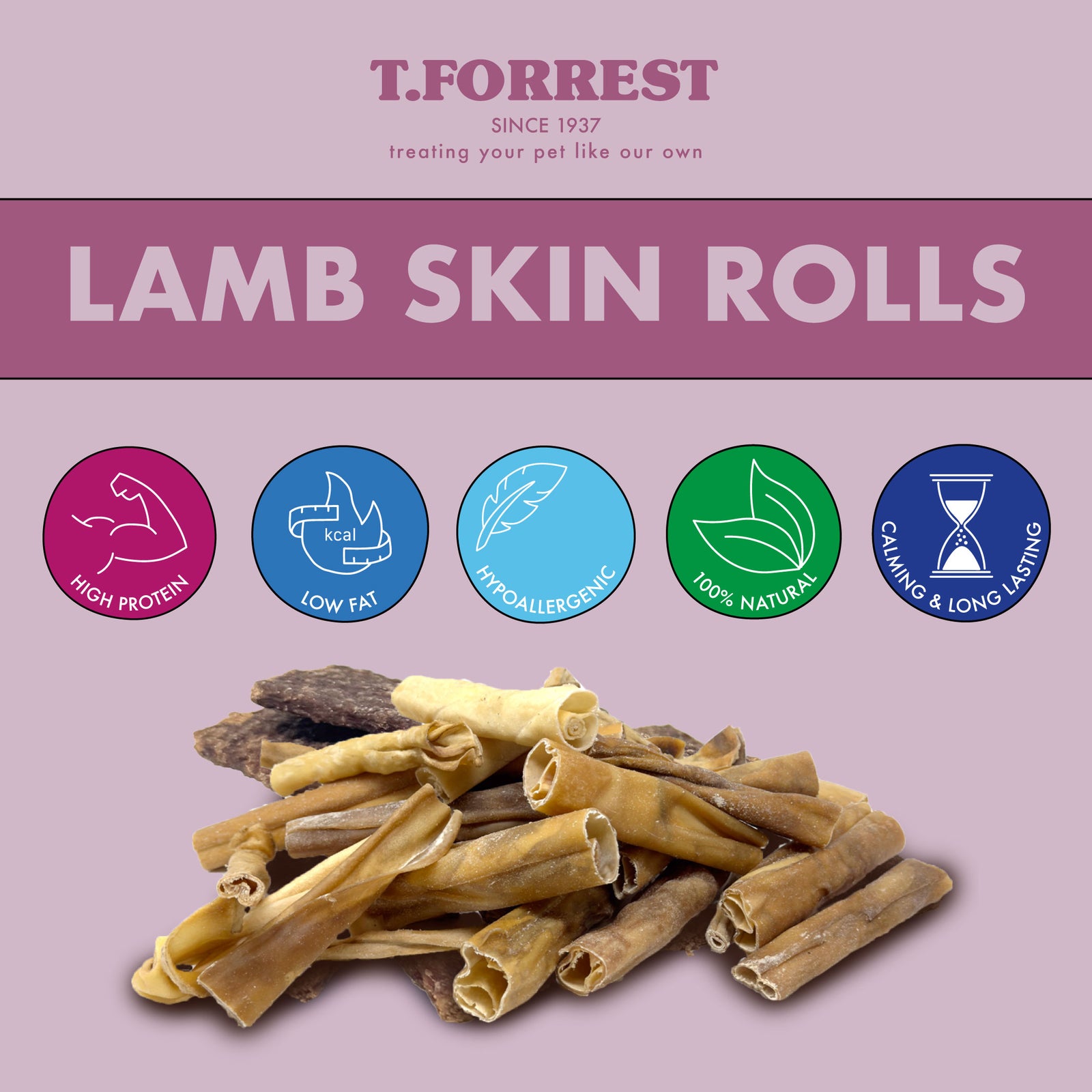 Health benefits of t forrest natural lamb skin rolls on a purple background.