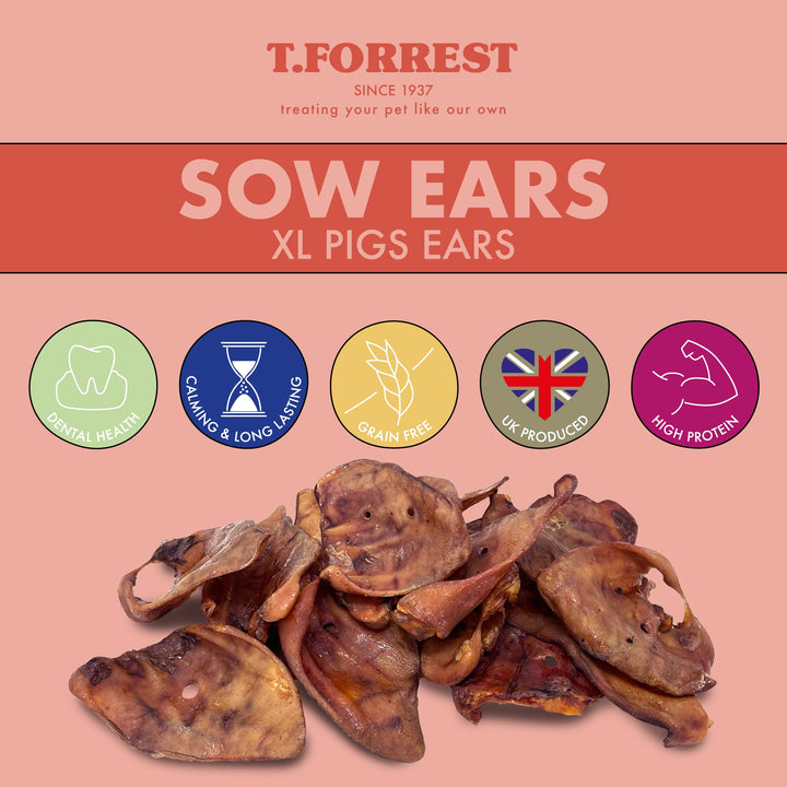 T.Forrest 'Sow Ears' XL Pigs Ears dog treats on a peach-pink background with product benefits icons and the dog treats pictured at the bottom.