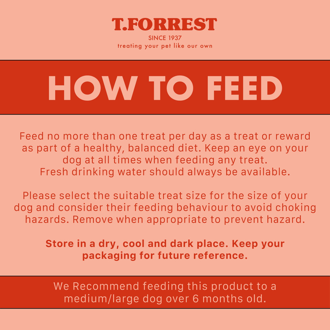 T.Forrest Knuckle bone feeding instructions on a pink background