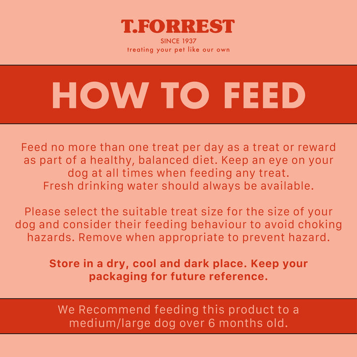T.Forrest Knuckle bone feeding instructions on a pink background