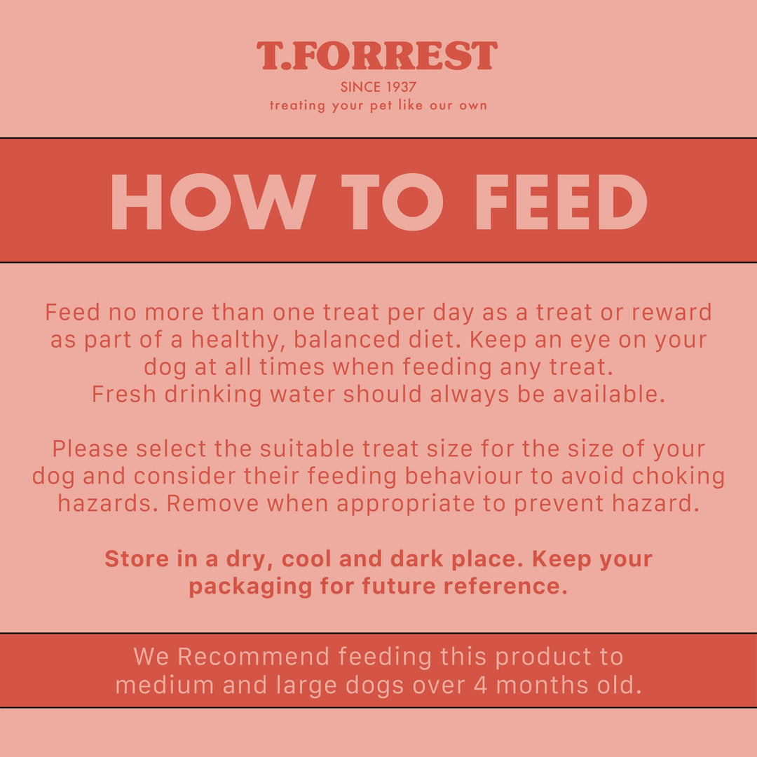 A pink and coral informational poster with the T.Forrest logo at the top and large text reading 'HOW TO FEED' followed by feeding instructions for Sows Ears for dogs