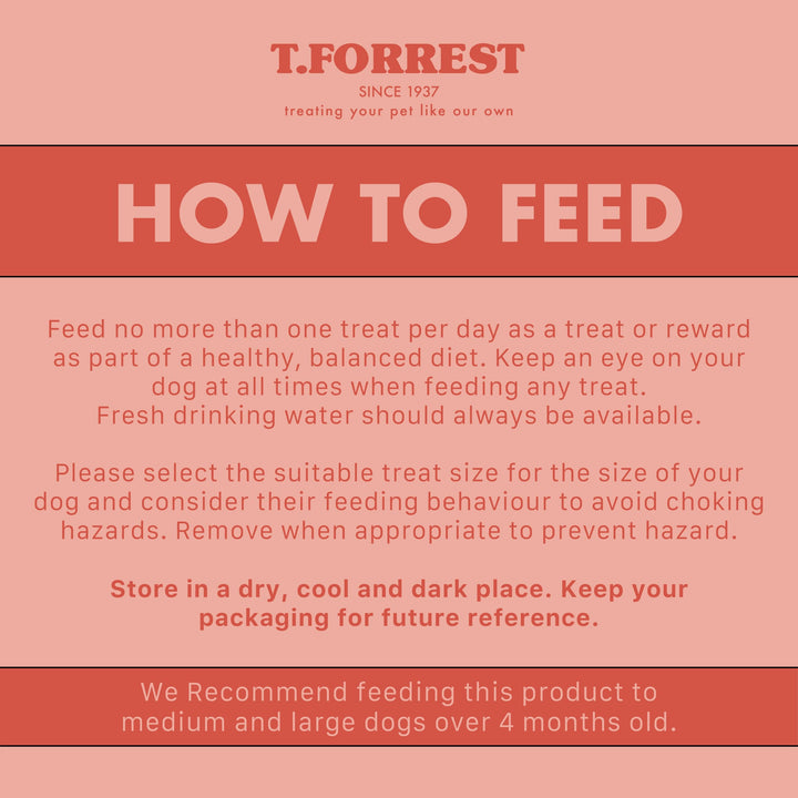 A pink and coral informational poster with the T.Forrest logo at the top and large text reading 'HOW TO FEED' followed by feeding instructions for Sows Ears for dogs