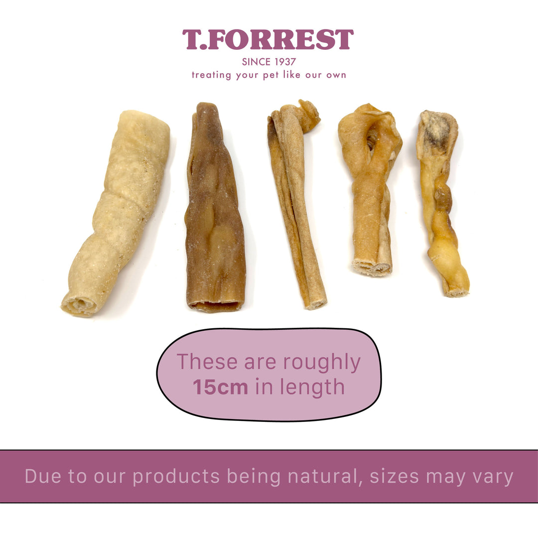 T forrest lamb skin roll dog treat size variation with a label saying each treat is roughly 15cm in length.