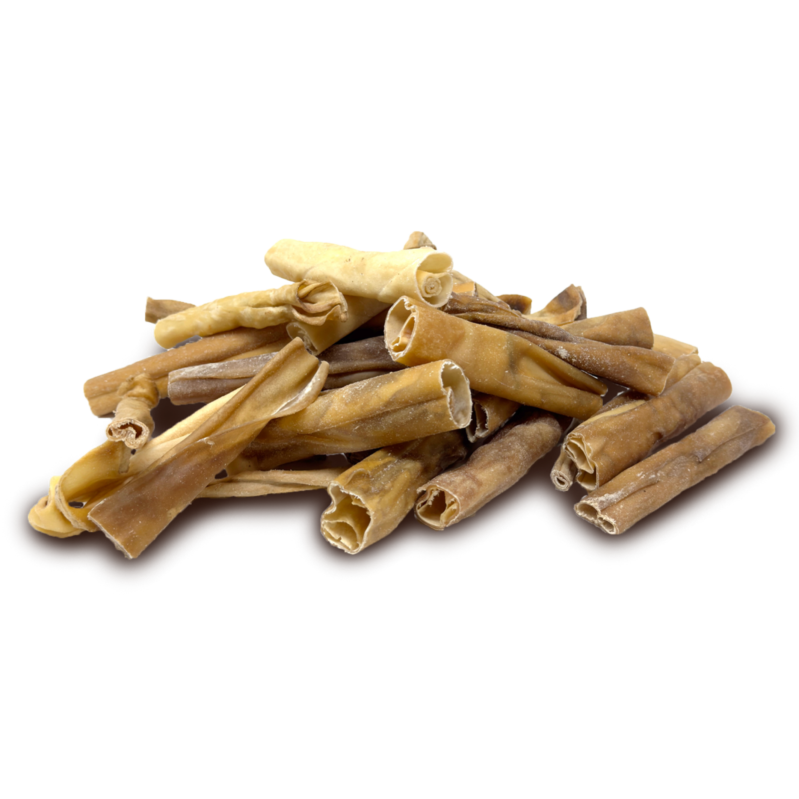 A pile of natural dried lamb skin chew sticks, displayed on a clean white background.