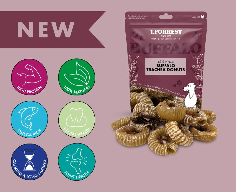 T.Forrest Buffalo Trachea Donuts packaging with product and health benefits icons on a pink background