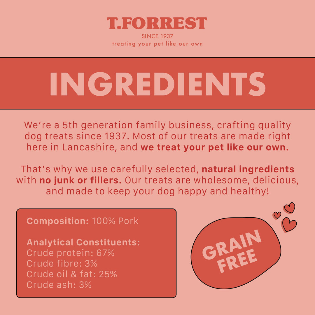 A pink and coral graphic with the T. Forrest brand logo at the top and a large 'INGREDIENTS' heading showing the ingredients of Sow Ears for dogs