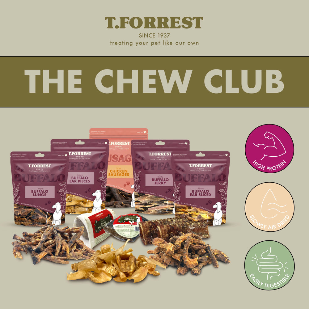 Chicken dog treats, buffalo treats, meat filled bones and hooves bundle