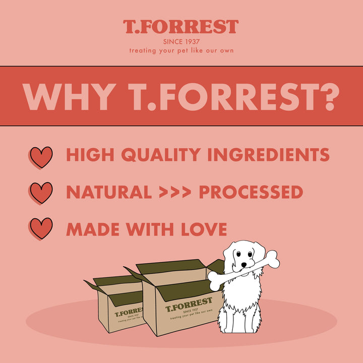 Promotional graphic for T.Forrest dog treats on a dusty pink background, featuring the brand name, showing why choose this brand.